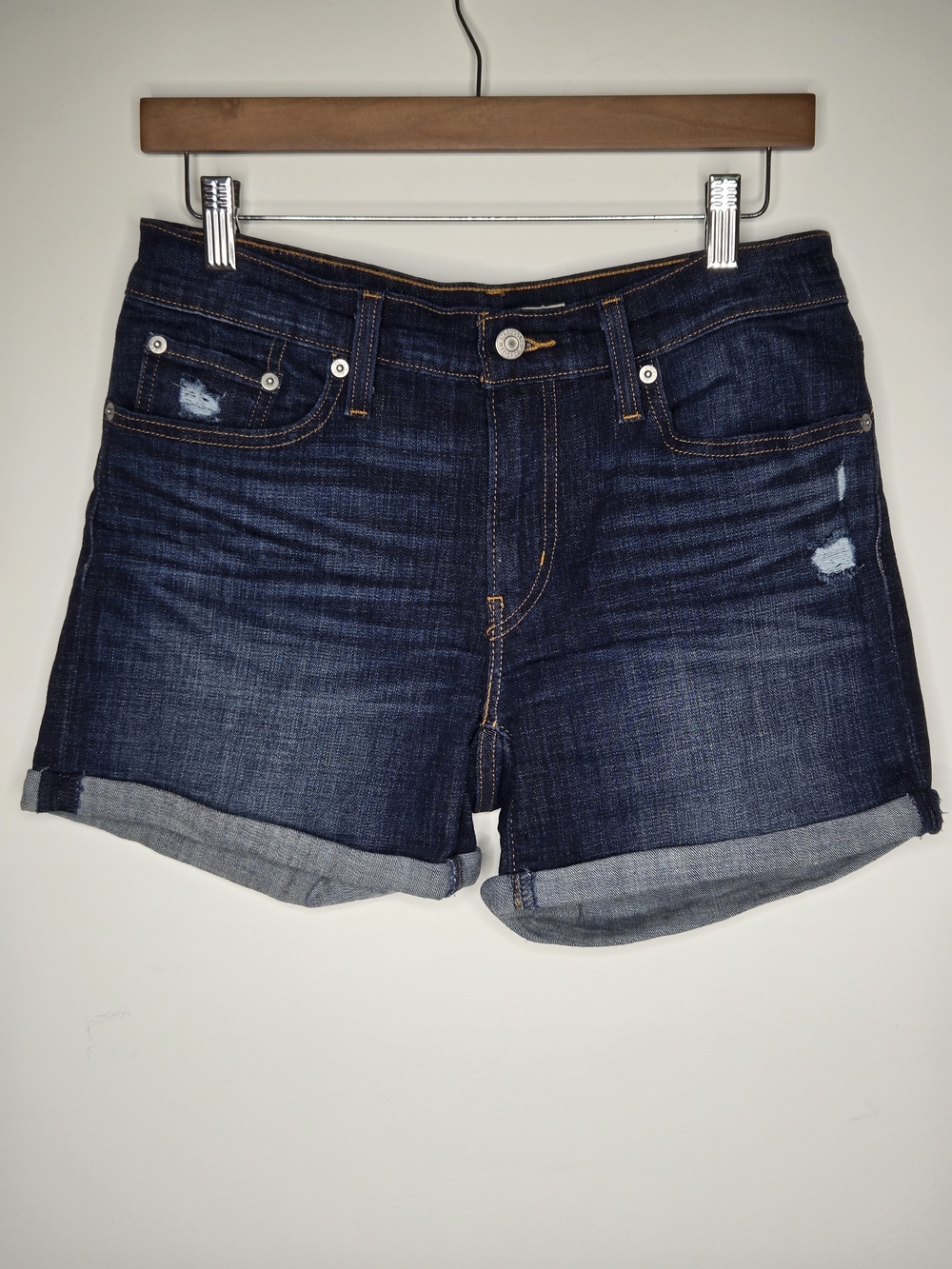Levi's Mid Length Jean Shorts Cuffed Dark Wash Distressed Denim Women's 27
